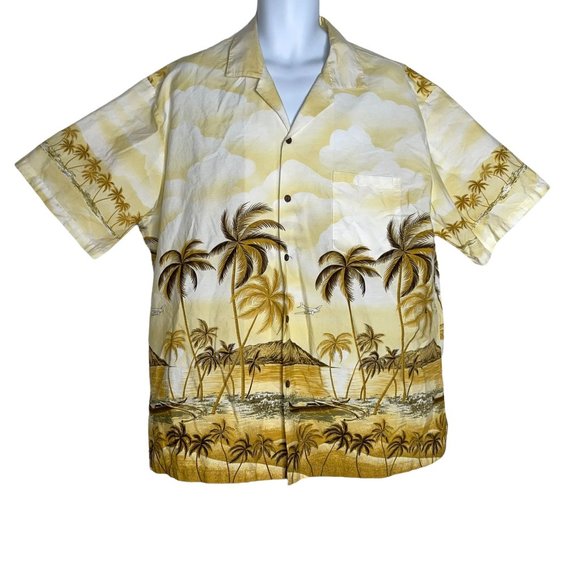 Vintage Ky's Yellow Airplane Beach Volcano Hawaiian Aloha Shirt Men's 2XL - Picture 1 of 10